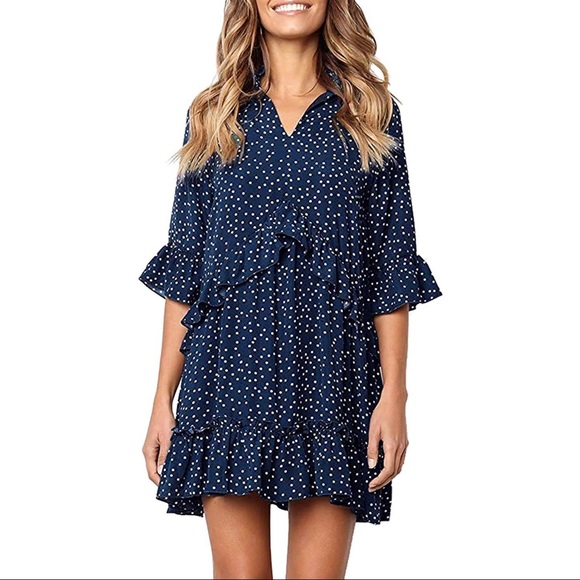 New navy polka dot flowy summer dress - Picture 3 of 5